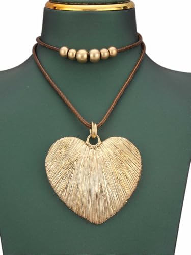 Boho Necklace for Women Adjustable Silicone Rope with Gold Beaded Pendant Chunky Handmade Vintage Jewelry - style: Heart Necklace