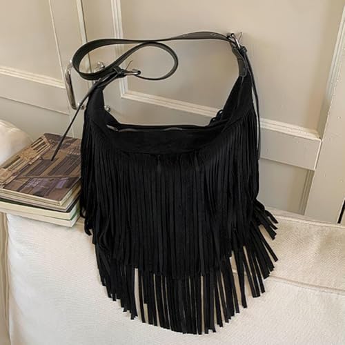 Fringe Genuine Suede Leather Hobo Bag Adjustable Crossbody Shoulder Bag Boho Retro Tassel Handbag Gift Box - color: Black