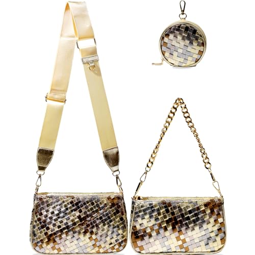 Handmade Woven Small Crossbody Bag for Women with Coin Purse, Designer Shoulder Handbag 3pcs Set, Mini Tote Clutch - color: Brown Multicolor