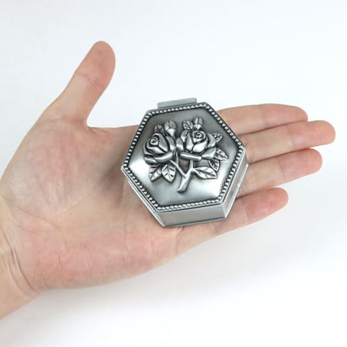 Vintage Metal Trinket Jewelry Box, Small Heart Shape Jewelry Organizer Rose Flower Sunflower Antique Treasure Chest Ring Holder, Earrings Necklace Storage Box Keepsake Box for Women (Hexagonal-Rose) - style: Hexagonal-Rose
