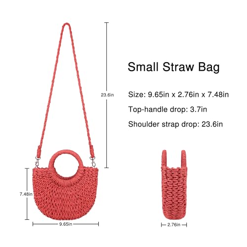 Womens Straw Beach Bag Woven Crossbody Shoulder Bags Top Handle Satchel Handbag Purse for Summer - color: Red