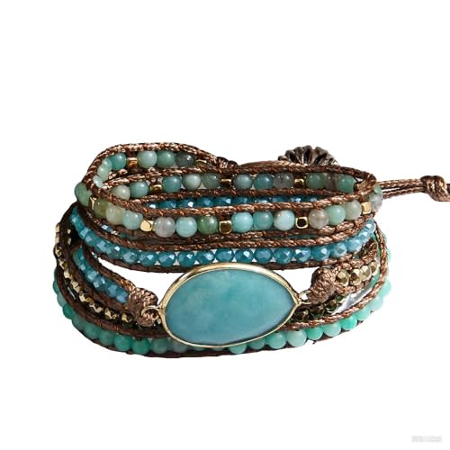 Women Wrap Bracelet Boho Natural Jasper Crystal Stone Beads Strand Bracelets - color: Amazonite #2
