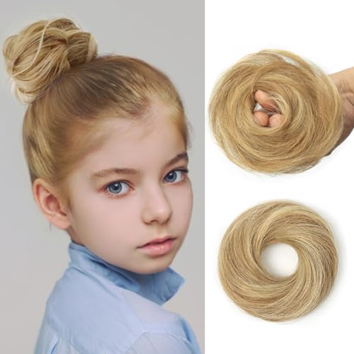 2 PCS Human Hair Bun, Messy Bun Hair Piece, Soft Fluffy Elastic Scrunchie, 30s Easy Updo for Women & Kids, Ideal for Daily Wear, Ballet, Dance & Office Use (Honey Highlights Golden) - color: Honey Highlights Golden, size: 4 Inch