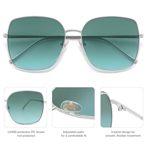 SOJOS Trendy Oversized Square Metal Frame Sunglasses for Women Men Retro Big Flat Lens UV Protection Sunglasses SJ1146 - color: Silver/Gradient Bluish-green