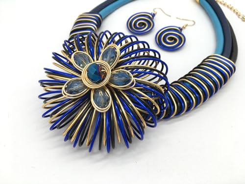 Statement African Necklace For Women African Jewelry Costume Earring Sets Tribal Fashion Colorful Big Rhinestone Crystal Pendent Collar Choker Bold Chunky Bib Handmade - color: Flower blue