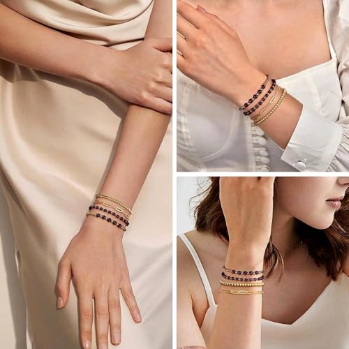 Dainty 14K Gold Crystal Beaded Bracelet Stack for Women,4PCS Cute Ball Purple Gemstones Beads Paperclip Link Stackable Bracelets Set Fashion Festival Birthday Accessories Outfit Jewelry Gift