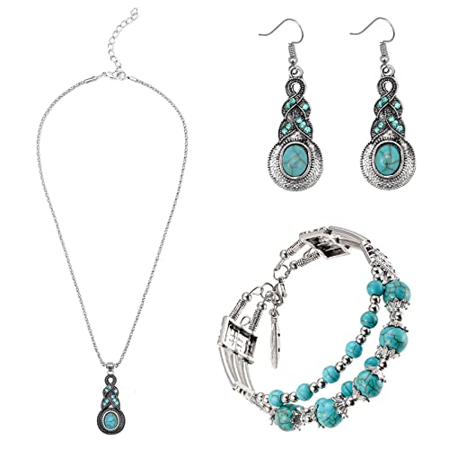 Yowivon Western Jewelry for Women Bohemian Turquoise Jewelry Set Vintage Leather Navajo Pearl Necklace Layer Necklaces Earrings Bracelets Boho Knuckle Rings - style: Elegant Style