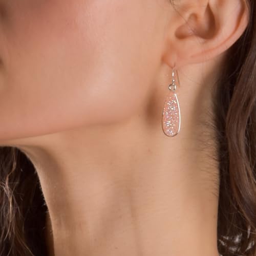 Teardrop Dangle Earrings for Women with Simulated Druzy Stones, in Gold or Rose Gold Tone - color: Silver - Created Rose Quartz