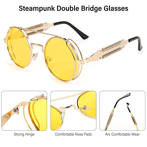 FEISEDY Aviator Sunglasses for Men Women, Retro Steampunk Gothic Round Metal Frame Hippie Glasses B2351 - color: Gold Frame Yellow Lens