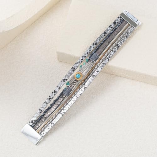FANCY SHINY Turquoise Boho Leather Bracelet Stackable Chunky Wrap Bangle Bracelets Cowboy Cowgirl Chic Western Jewelry Gift for Women - color: Silver