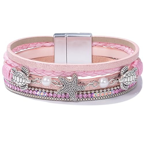 FANCY SHINY Turtle Starfish Leather Wrap Bracelet Boho Rhinestone Pearl Cuff Bracelets for Women Summer Beach Jewelry for Women - color: Pink