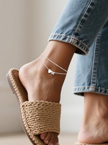 Silvora Ankle Bracelets for Women Waterproof 14K Gold/Silver/Black Initial Anklet for Women Dainty Layered Heart Ankle Bracelets Stainless Steel Adjustable Foot Chain Anklet Summer Beach Jewelry - color: M-Silver