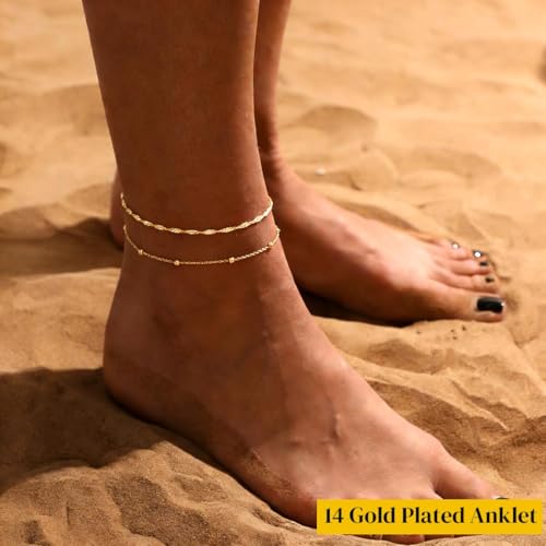 Yalice 925 Silver Ankle Bracelets Chain for Women Dainty 14K Gold Plated Waterproof Beads Anklets Layered Beach Foot Jewelry Gift - color: Gold-Twisted Link