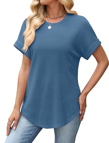 Sampeel Summer Tops for Women 2026 Trendy Rolled Short Sleeve Shirts Waffle Knit Crew Neck Tops Curved Hem Fashion Clothing - color: Blue, size: Medium