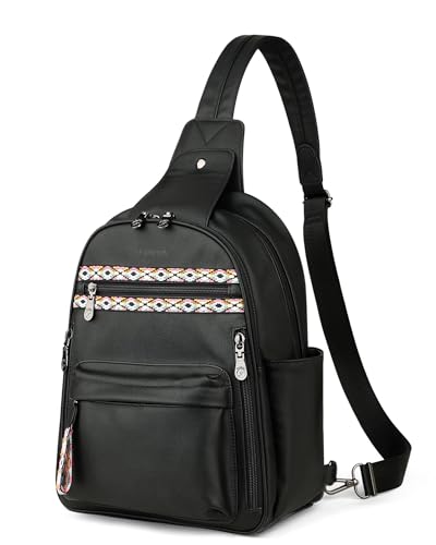 FADEON Large Sling Bag for Women, Leather Crossbody Purse Designer Anti Theft Sling Backpack, RFID Fanny Packs for Travel - color: Pure Black
