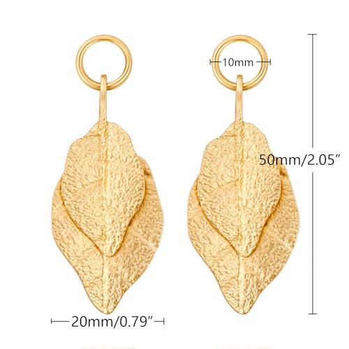 Stud Earrings for Women 14k Gold Plated Geometric Dangle Earrings Lightweight Minimalist Handmade Hammered Texture Oval Disc Drop Double-layer Big Hoop Dangle Earrings for Women - color: Leaf Dangle