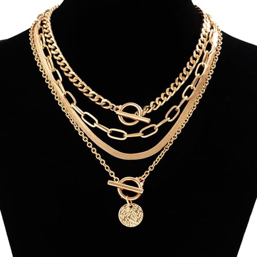 Gold Stack Necklace Chunky Necklaces for Women Trendy Coin Pendant Long Necklaces Western Jewelry for Women Cowgirl Cowboy Chic Country Outfit Boho Accessories Birthday Jewelry Gifts - color: F Gold Paperclip Chain Necklaces