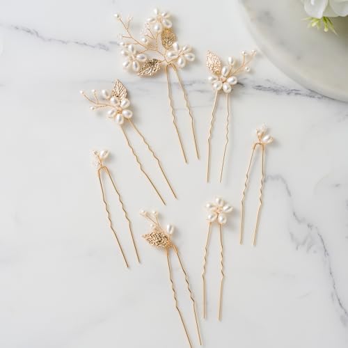 SWEETV 7 Pieces Bride Hair Accessories Pearl Wedding Hair Pins Leaf Bridal Hair Piece Vintage Hair Headpiece Leaf Hair Clips Jewelry for Women Bridesmaids Brides Flower Girls - color: Set-A-Gold