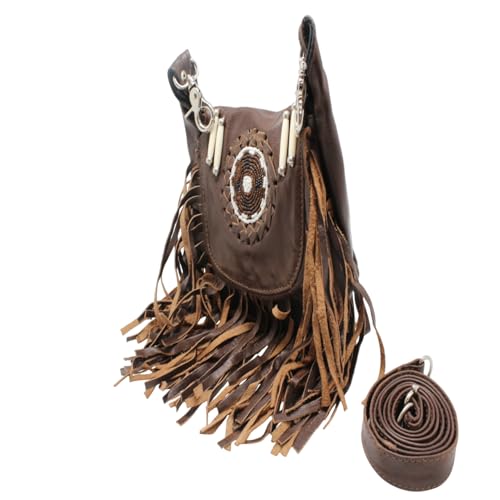 Women’s Genuine Leather Crossbody Belt Bag with Fur Fringe, Braided Bead Handcrafted Design, Clip-On Hip Fanny Pack with Jeans Loop, (J2400LB, Brown) - color: J2400LB-Brown
