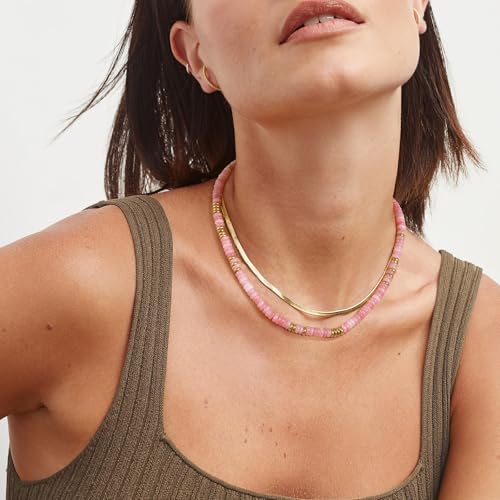 KissYan Boho Beaded Choker Necklace for Women, Gemstone Choker Natural Stone Freshwater Pearl Surfer Necklaces 14K Gold Plated Summer Beach Handmade Jewelry - color: M-Rose