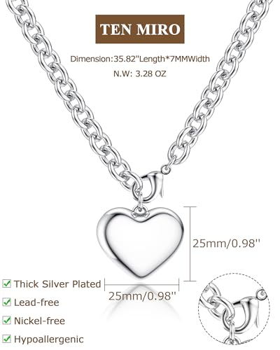 TEN MIRO 16k Gold Plated Chunky Gold Plated Necklace for Women Non Tarnish, 36'' /92cm Long Chunky Heart Necklace layered Puffy Heart Necklaces Long Thick Pendant Bold Statement Necklaces for Women Trendy - style: Chunky silver plated heart necklace