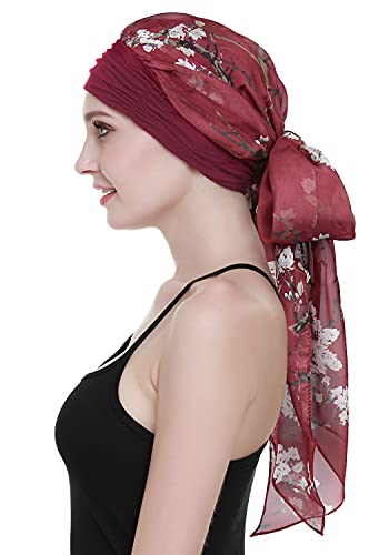 Chemo Headwear Turbans for Women Long Hair Head Scarf Headwraps Cancer Hats - color: Burgundy Wintersweet