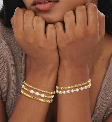 Gold Beaded Bracelets for Women, 14K Real Gold Plated Jewelry for Women Dainty Pearl Bead Bracelets Stack, Non Tarnish Trendy Stackable Ball Cross Stretch Bracelet Set Fashion Accessories Gifts - color: 5 PCS Gold pearl