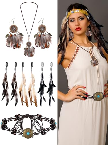 Fourluoo Boho Feather Hair Accessories Set for Women Include 6pcs Feather Hair Clips Necklace & Earrings & Braid Waist Belt Vintage Headband Accessories, Festival Wedding Party Jewelry Kit