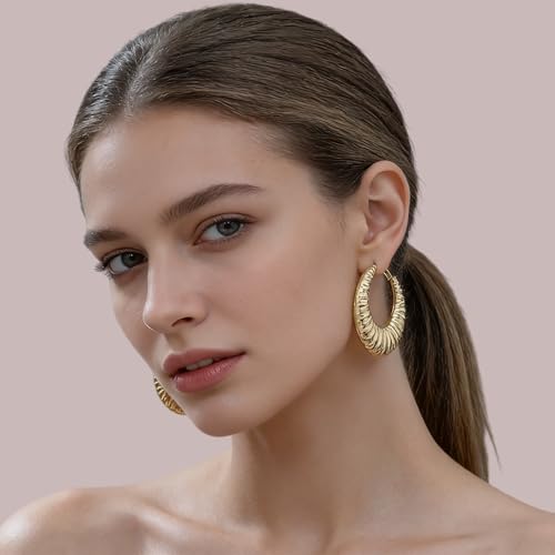 Gold Textured Hoop Earrings for Women, Lightweight Chunky Gold Hoop Earrings with 3D Ribbed Texture, Hypoallergenic Large Round Hoop Jewelry for Daily Party Wear
