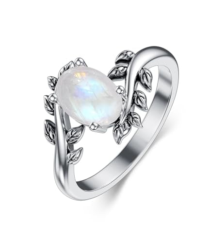 Genuine Turquoise Ring for Women Western Oval Gemstone Jewelry 925 Sterling Silver Leaf Bohemian Boho for Her Wife Mom - color: Moonstone