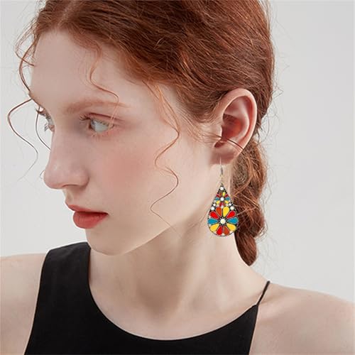 coadipress Bohemian Flower Teardrop Earrings for Women Trendy Vintage Colorful Hollow Out Flower Floral Dangle Earrings Bohemian Handmade Ethnic Statement Jewelry - color: Yellow Red