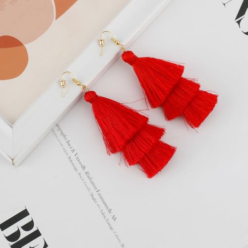 Earrings for Women Dangling, Layered Tassel Earrings Fringe Earrings Bohemian Studs Drop Earrings - color: Red