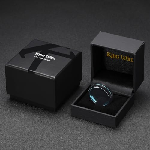 King Will Mens Tungsten Rings for Men Two Tone Grooved Mens Wedding Band Cool - color: Black & Ice-Blue 7mm