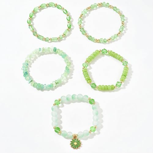 LOTSOF Boho Flower Beaded Bracelet Set for Women - Multilayer Crystal & Flower Charm Stackable Bracelets, Fashion Jewelry Gift for Her - color: Green