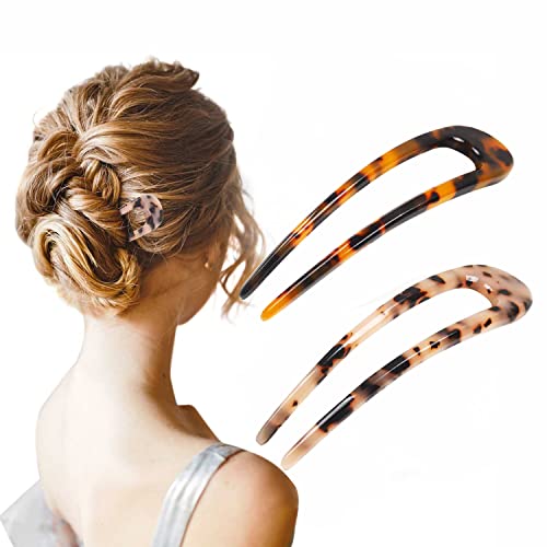 [Upgraded] French Hair Forks Tortoise Shell U Shape Updo Hair Pins Clips for Thin Thick Hair, 5.1 inch Classic Cellulose Acetate Hair Sticks hair clips Women Hairstyle Accessories(2 Pack) - color: 2P