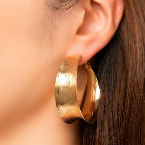 Chunky Gold Circular Statement Hoop Earrings Trendy Texture Large Piercing Dangle Drop Earrings - color: Gold