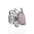 Filigranist Sterling Silver Filigree Art Butterfly Women Cocktail Ring with Gemstones - color: Rose Quartz