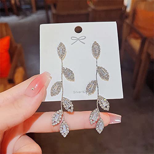 Dangling Earrings for Women Bridal Earrings for Wedding Rhinestone Wedding Prom Anniversary Delicate Leaf silver drop Earrings Long Earrings- Elegant Earrings - color: 01 Leaf Silver