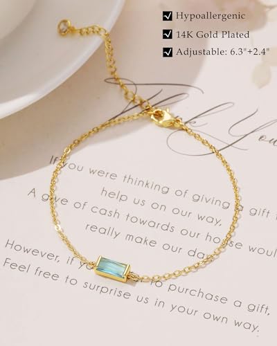 FUNEIA Birthstone Gold Bracelets for Women Non Tarnish Trendy Dainty 14K Gold Plated Bracelet Stack Stackable Blue Green May Emerald Friendship Bracelets Jewelry Gifts for Mom Best Friend - color: 03. March(Aquamarine)