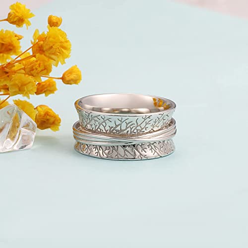 925 Sterling Silver Anxiety Ring with Beads Fidget Spinning Rings for Women Worry Beads Rings - color: leaf design