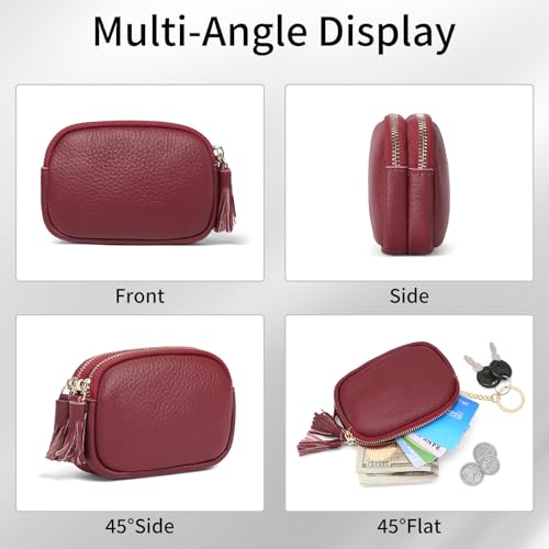 SENDEFN Coin Purse Keychain Small Genuine Leather Women Wallet 2 Zippers Around Key Ring Change Pouch Cash Holder - color: 3-Red