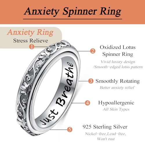 Ladytree Spinner Fidget Ring Sterling Silver Thumb Band for Women Anxiety Ring Platinum Plated Worry Stress Relief Just Breathe Boredom ADHD Autism Rings Boho Jewelry Gift - color: D-oxidized lotus