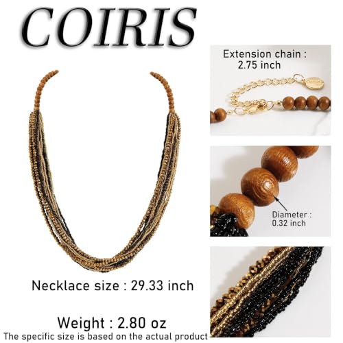 Coiris Chunky Statement Necklaces for Women Boho Multi Long Layered Strand Beaded Necklace for Women Handmade Crystal Beach Jewelry Gift - color: Black Gold
