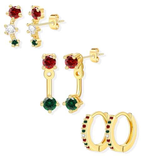 6 Pairs 14K Gold Plated Stud Earrings for Women, Hypoallergenic Cartilage Earrings for Multiple Piercing, Dainty Small Stackable Earrings Set for Jewelry Gift - color: Gold-3 Pairs Chrismas