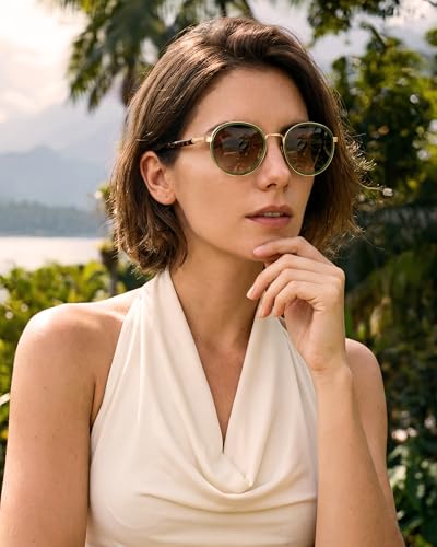 CARFIA Retro Round Sunglasses for Women Polarized UV Protection, Durable Acetate-Metal Frame Designer Eyewear CA1951 - color: 1. Translucent Green Frame + Gradient Brown Lens