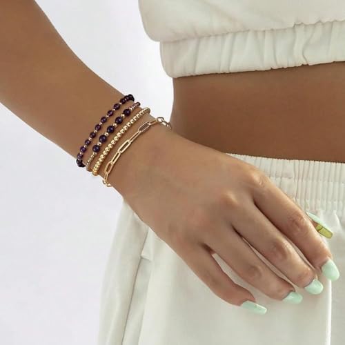 Dainty 14K Gold Crystal Beaded Bracelet Stack for Women,4PCS Cute Ball Purple Gemstones Beads Paperclip Link Stackable Bracelets Set Fashion Festival Birthday Accessories Outfit Jewelry Gift