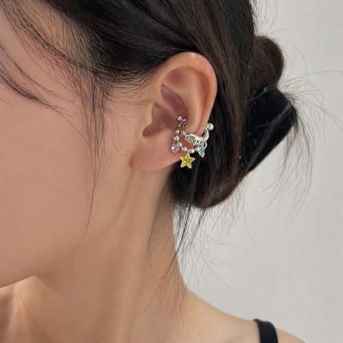 Silver Star Cartilage Huggie Earrings for Women – Crystal Celestial Charm Beaded Chain Dangle Helix Piercing Hoop Earrings, Pink Blue Y2K Vintage Trendy Jewelry Gift - color: 1PCS Silver Lucky