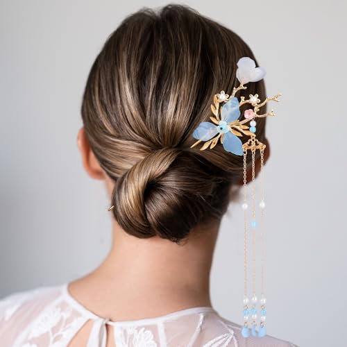HINZIC 5pcs Flower Tassels Hairpin for Women, Non-Slip Crystal Pearl Greenstick Hair Clips, Retro Chinese Hanfu Wedding Brides Hair Accessories for Long Hair - color: Blue Branch
