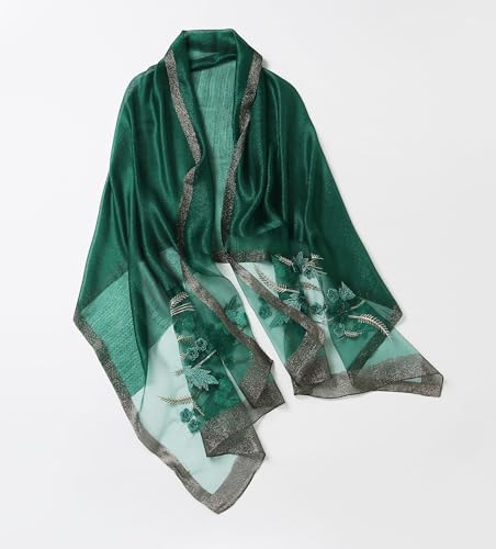 Jeelow Silk Blend Floral Fashion Scarf Shawl Wrap Lightweight Sheer For Women Floral Embroidery Wedding Party Prom - color: Green Sunflower