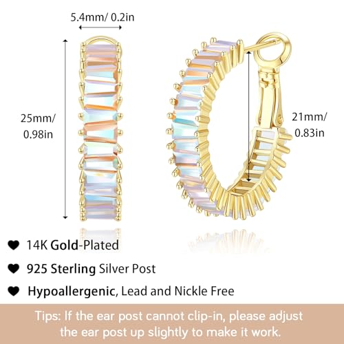 Trendy 14K Gold Plated Hoop Earrings for Women, Chunky Gold/Silver Earrings for Women Cubic Zirconia Baguette Hoop Earrings Heart Hoops Lightweight Hypoallergenic Jewelry,25mm/35mm/40mm/50mm - color: 01 Gold Iridescent Hoops 25mm